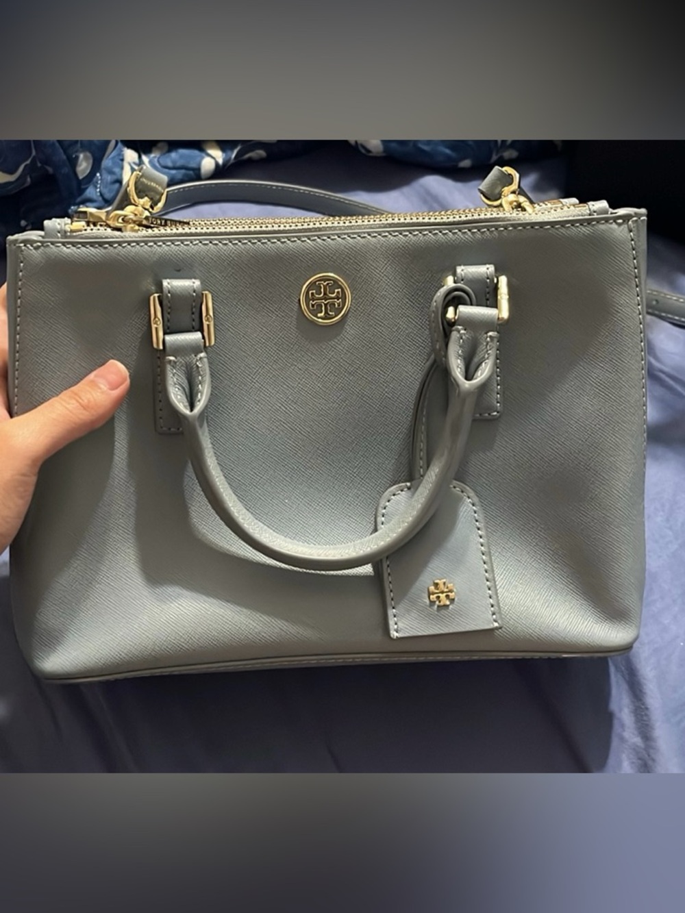 Tory Burch Light Gray Saffiano Leather Satchel with Gold Hardware